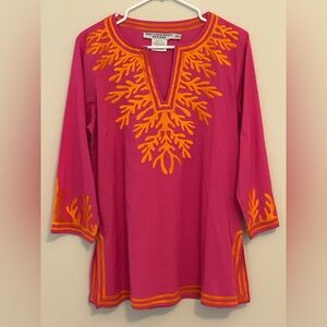 Gretchen Scott Tunic Top Women's Medium Pink Orange Embroidery 3/4 Sleeve cotton